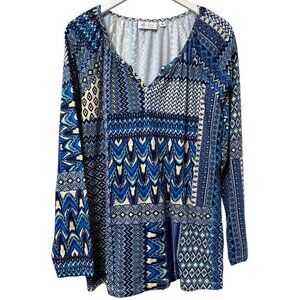 Denim & Co. Womens Top Size XL Blue Patchwork Ikat Print Tunic Tee Long Sleeve